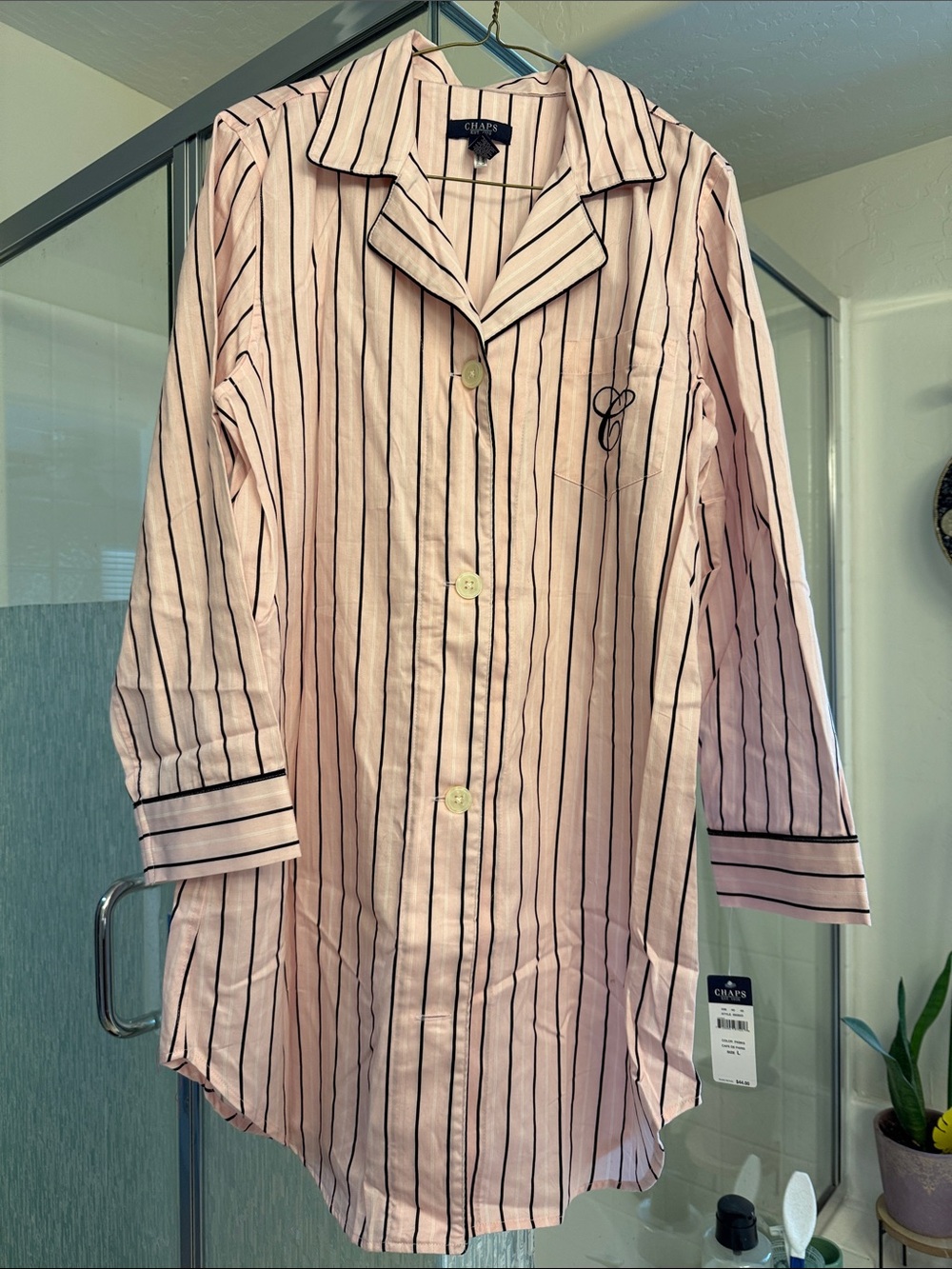 Chaps Pink and Black Striped Button-Front Nightshirt SZ L